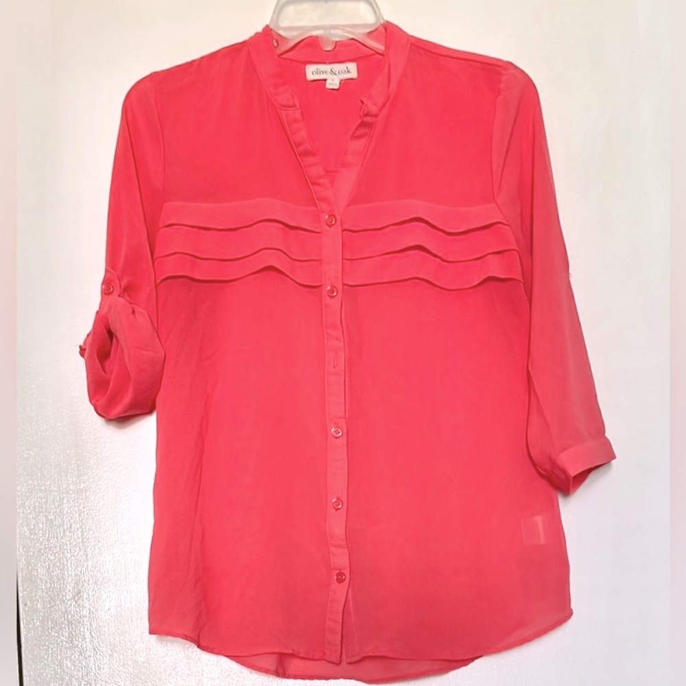 Olive & Oak Coral Red Button-up 3/4 Roll-up sleeve Pleated Front Women's Small